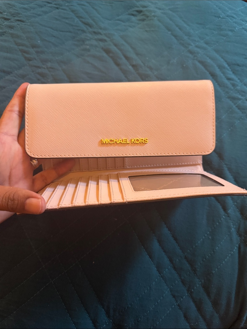 Michael Kors Light Pink Saffiano Leather Continental Wallet with Gold Logo